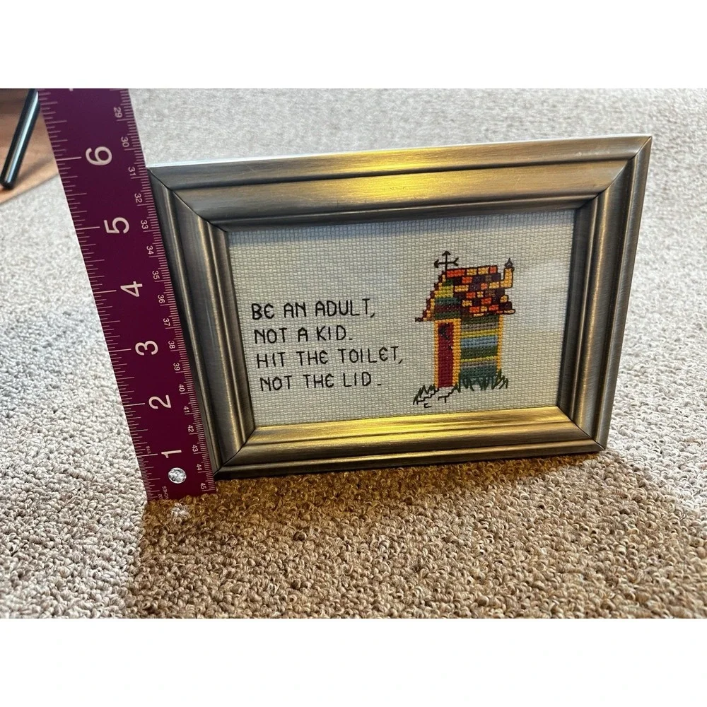 Vintage Framed Bathroom Cross Stitch Humorous Outhouse Wall Decor Sign